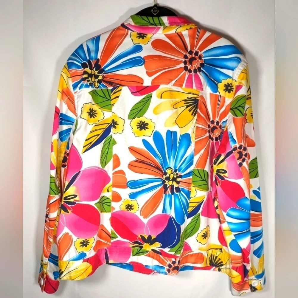 Coldwater Creek Bright Multi Color Floral Cotton Blend Zip Up Jacket Size W20